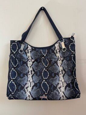 Vince Camuto Blue Black Snake Print Embossed Leather Emely Tote Bag